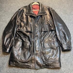 Vintage 90s Barcelino Black Leather Car Coat Men 42 Overcoat Soft Lamb MidLength